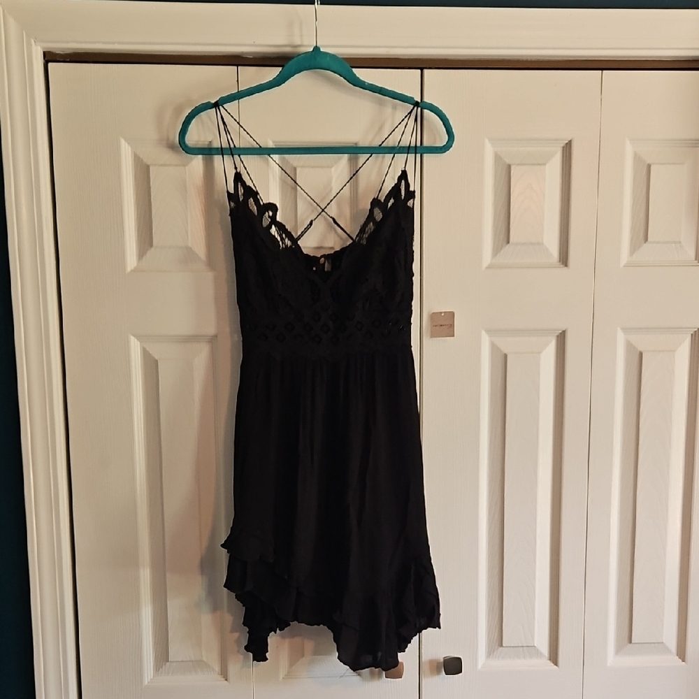 Free People Black Asymmetrical Spaghetti Strap Babydoll Dress